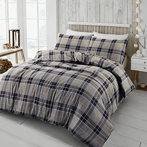 Artistic Fashionista Limited 100% Brushed Cotton Flannelette TARTAN CHECK Duvet/Quilt Cover & Pillowcases Bedding Set - Extra Durable & Pilling Free (Grey, King)