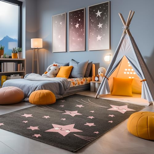 SIMPEX Kinderteppich Sterne Rosa 80x150 cm Läufer mit fröhlichem Sternenmuster Weich & Allergikergeeignet Teppich fürs Kinderzimmer