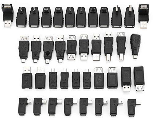 Bewinner 40 Pièces Adaptateurs Multiples USB 2.0 Coudés, USB Femelle vers Micro/Mini USB Femelle vers Mâle/USB Femelle vers Micro USB Mâle/Micro USB Mâle vers USB Femelle Type B Adaptateur, Noir