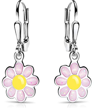 MATERIA Kinder Ohrringe Blume rosa Mädchen - 925 Silber Ohrhänger Blüte hängend Emaille SO-400-Rosa