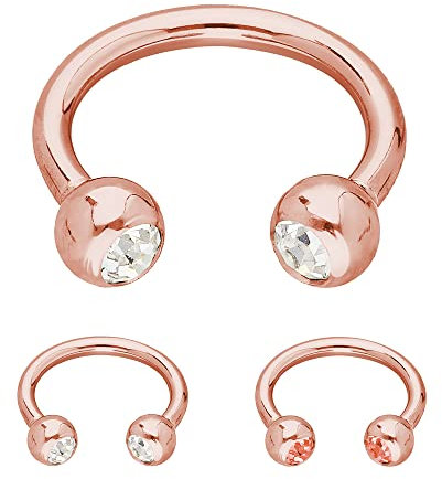Treuheld® | Rosegoldenes Hufeisen Piercing Ring mit Kristallen - [25.] 1.6 x 8 mm (Kugeln: 4mm) - klar/durchsichtig