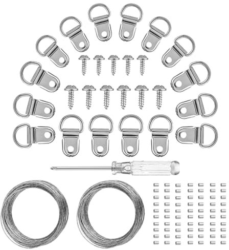 YHYZ D Ring Picture Hangers Sets(50 Sets ), D Ring Hooks + Screws + Hanging Wire + Crimping Loop Sleeves + Screwdriver, for Painting Photo Pictures Clock Artwork Mirrors Cross-Stitch