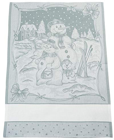 FILET - Paño de Cocina de Navidad en Algodón Puro Jaquard, Mide 81 x 57 cm, con Inserciones de Tela Aida para Bordar, Fantasía Muñeco de Nieve, Color Hielo, Idea Regalo, Made in Italy