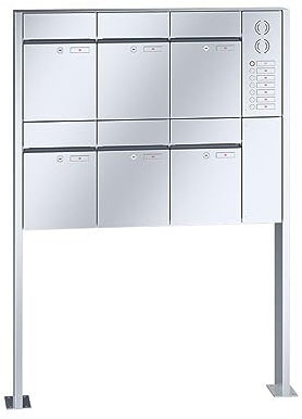 RENZ/Plan / 6er Freistehende Briefkastenanlage Standbriefkasten mit Sprechfeld / V4A-Edelstahl/Volumen 21 L/mit Fußplatten/Dein-Briefkasten.de