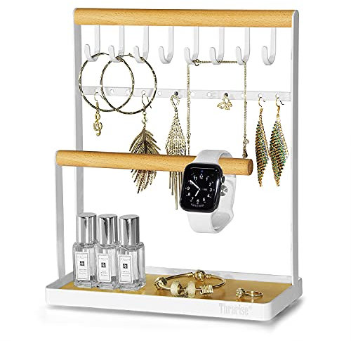 Thrarise Présentoir à bijoux avec plateau pour colliers, bracelets, bagues, montres, bijoux de toutes sortes, support en fer et barres en bois Blanc
