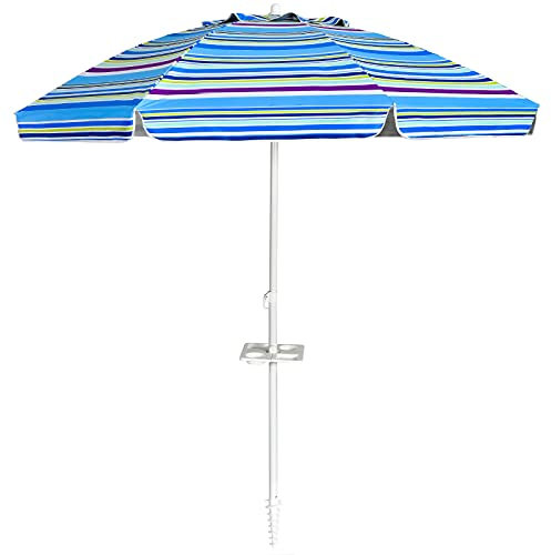 COSTWAY Parasol de Plage avec Porte-Gobelet, Parasol de Jardin Extérieur Inclinable, 200cm, Rond, Protection Solaire UPF50+, avec Pied d'ancrage à Visser & Sac de Transport (Bleu)