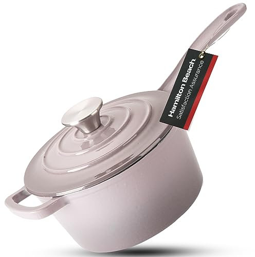 Hamilton Beach Saucenpfanne aus emailliertem Gusseisen, 2 Quart Grau, cremefarbene Emaille-Beschichtung, Topf für Herd und Ofen, sicher bis 400 Grad, langlebig und spülmaschinenfest