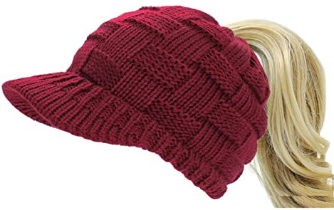 dy_mode Damen Strickmütze mit Schirm Schirmmütze Pferdeschwanz Zopf Loch - A308 (A0318-Weinrot)