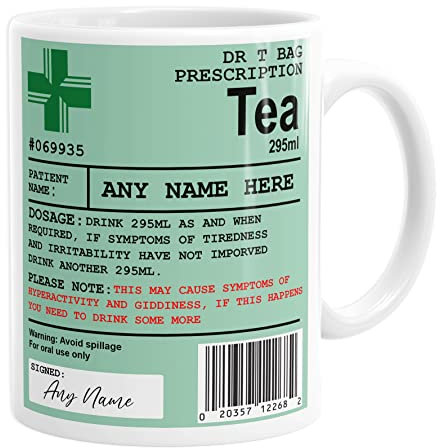 Personalised Prescription Tea Mug, Funny Tea Drinker Gift, Custom Name, DR's Medical Note, Cup, Gifts for Mum or Dad, Birthday, Christmas, Novelty Present