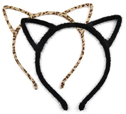 LOMYLM 2pcs Cat Ears Headbands for Adults Kids Women Girls, Black & Leopard Print Furry Cat Ears Hair Bands Hair Hoops for Fancy Dress Cosplay Party and Daily Decoration