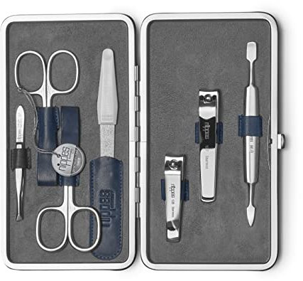 nippes Solingen Maniküre Set Vintage, 7-teilig, Antik Rindsleder Nagelset mit Rahmen, weiches Wildleder innen, Made in Germany, Nagelpflege Set mit vernickelten Instrumenten…
