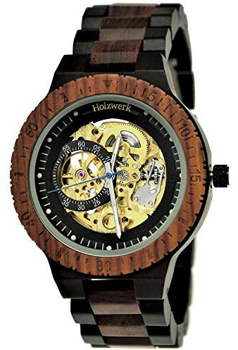 Holzwerk Germany Handgefertigte Automatik Herren-Uhr Öko Natur Holz-Uhr Holz Armband-Uhr Braun Schwarz Gold Analog