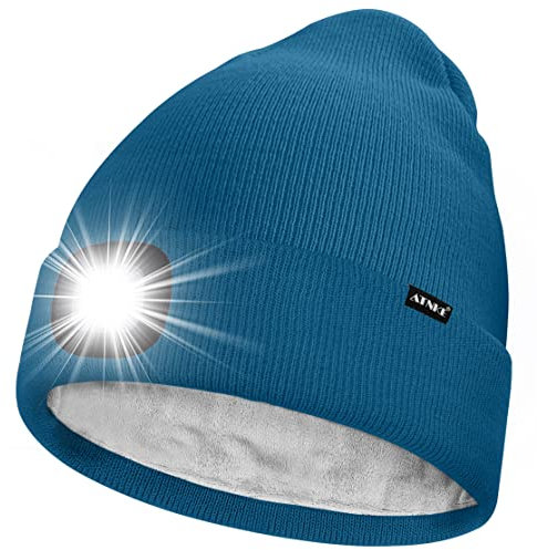 ATNKE LED Mütze mit Licht,Wiederaufladbare USB 4 LED Beleuchtete Laufmütze Extrem Heller Lampe Winter Warme Gefüttertes Fleece Stricken Mütze für Herren und Damen Geschenke/Peacock Blue