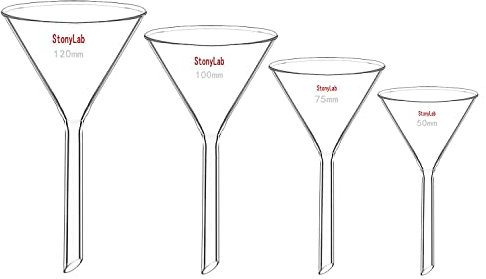stonylab Juego de Embudo de Vidrio de 4 pcs, Embudos de Llenado de Embudos de Vástago Corto de Vidrio Borosilicato Pared Pesada, 50 mm/75 mm/100 mm/120 mm de Diámetro