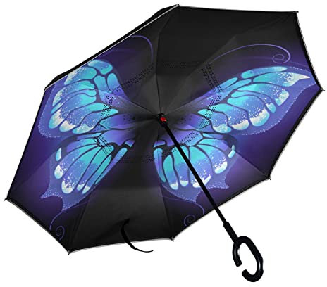 MNSRUU Parapluie double couche inversé violet brillant aile de papillon parapluie inversé coupe-vent pour voiture extérieur avec poignée en forme de C coupe-vent protection UV, Mutli, L