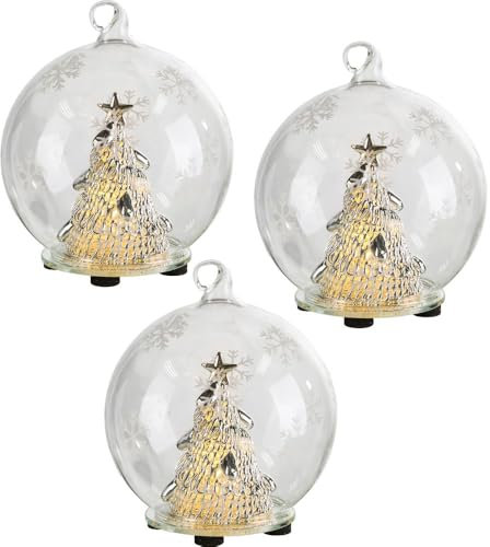 etc-shop Tischleuchte Weihnachtsdeko LED Dekoleuchte Glaskugel batteriebetrieben, Christbaumkugel, mit Tannenbaum und Schneeflocken, 3er Set