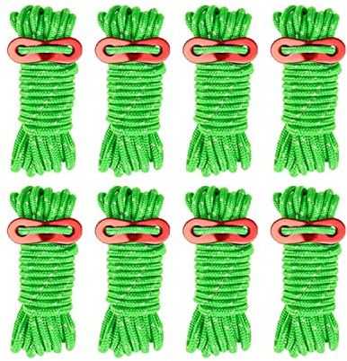 Smithok 8 Pack 4mm Guy Lines Ultralight Tent Cords with Aluminum Adjuster Tensioner Outdoor Camping Guylines Ropes for Tent Tarp,Camping,Hiking Backpacking (Green)