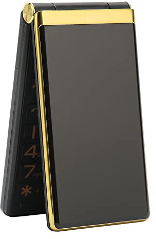 Flip Phone for Seniors with Large Buttons, GSM Mobile phone for the Elderly with SOS Button, Flashlight, Loudspeaker, Radio, Dual Screen, Camera, 8 Family Numbers (Gold)