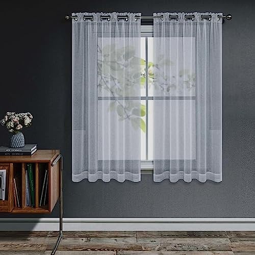 Joydeco Gardinen Kurz mit Ösen Transparente 2er Set, Optik Gardine Voile Ösenvorhang Ösenschal Durchsichtig Vorhang Kurz für Schlafzimmer Wohnzimmer Schlaufenschal (Grau, 2xH137xB140)