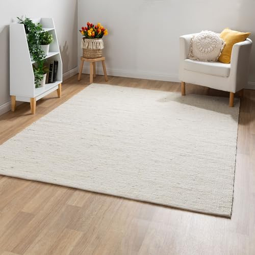 Steffensmeier Handwebteppich Landshut exklusiv | Schurwolle gewalkt (Fusselstopp), Natur Hell, handgewebt, Größe: 250x340 cm Wohnzimmer