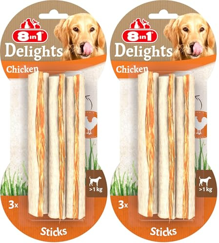 8in1 Delights Chicken Sticks - gesunde Kaustangen für Hunde, hochwertiges Hähnchenfleisch eingewickelt in Rinderhaut, 3 Stück (Packung mit 2)