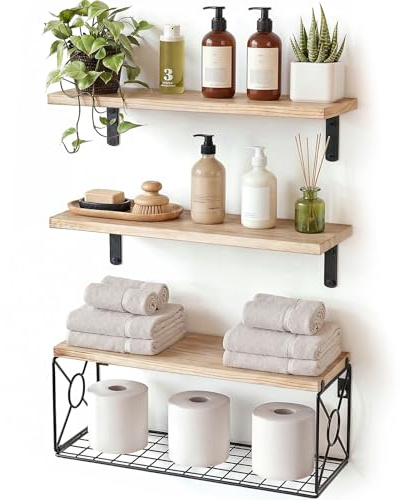 Amada Bathroom Shelves Over Toilet with Storage Basket, Floating Wall Shelf for Home Organization & Wall Decor, Bathroom/Kitchen/Living Room Shelves–Natural Wood