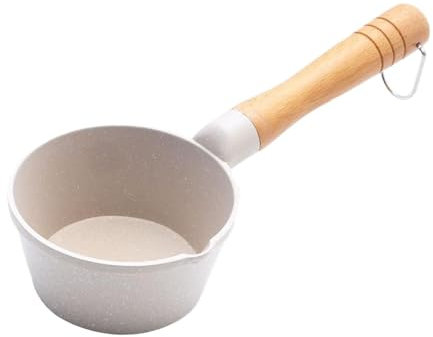 Gralara Kitchen Milk Pan Non-Stick Milk Pan Small Milk Saucepan 10cm Milk Pan with wooden handle Multifunctional Non-Stick Saucepan Deep Milk Pot for Kitchen Cooking Camping, White