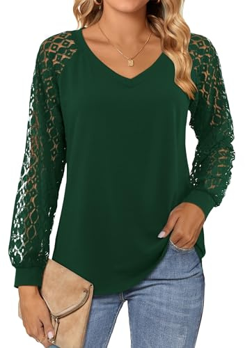 Beluring Womens Lace Long Sleeve Tops Plain V Neck T Shirts Loose Casual Blouse Dressy Tunic Shirt