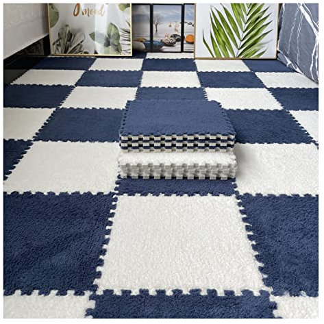 20pcs Plush Interlocking Carpet Tiles, Thick Fluffy Square Foam Floor Tiles, Soft Puzzle Area Rug Playmat For Room Floor, 12x12inch(Color:Dark Blue+White)