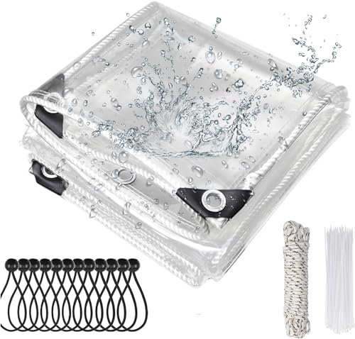 Transparente Plane mit ösen 420g/m² 3x4m, Abdeckplane Zeltplane Wasserdicht mit Seil Kabelbinder Schwarzen Ballseilen, PVC Material Wetterfeste Plane zum Regenschutz für Gewächshaus Gartenmöbel