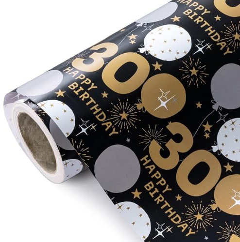 WRAPAHOLIC Geschenkpapier zum 30. Geburtstag, Mini-Rolle, 43,2 cm x 10,2 m, schwarz-goldenes Ballon-Design für Geburtstag, Party, Urlaub