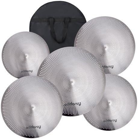 Eddaray Paquete de platillos de bajo volumen – Juego de silencio de 14 pies, par Hihats de 16 pulgadas, choque de 18 pies, paseo de 20 pulgadas, juego de batería de 5 piezas para práctica silenciosa