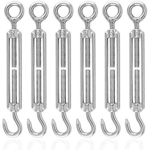 Lot de 6 tendeurs de corde à tendeur, crochets à tendeur réglables en acier inoxydable 304 M6 OC, crochets de tension pour corde, crochets de tension pour auvents ou cordes à linge (argent)