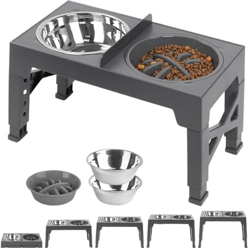Arsagoo Elevated Dog bowl, 5 Heights Adjustable for Small Medium & Large Dogs, Raised Dog Bowls with 2x 1100mL Stainless Steel Bowl & 1x Slow Feeder Bowl, Non-Slip