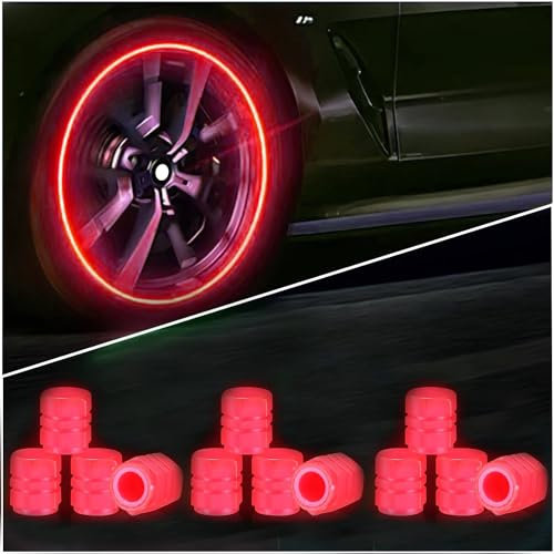 Ventilkappen Auto Leuchtend, Universelle Fluoreszierende Reifenventilkappen, 12 StüCk Ventilschaftabdeckung Leuchtend, Auto-Reifen Ventilabdeckung für Auto SUV Fahrrad Motorrad (Rot)