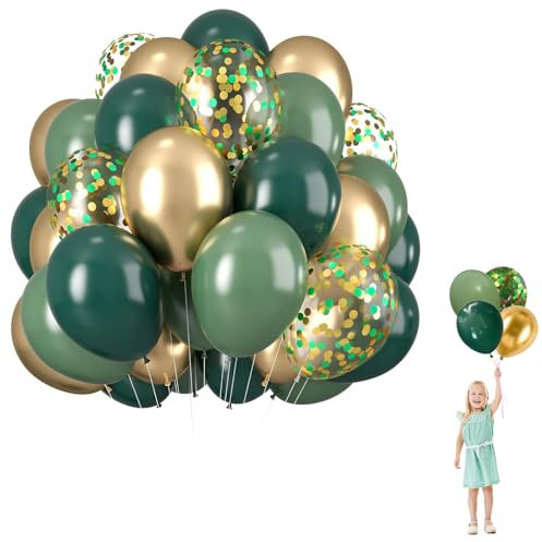 Juego de 60 globos de fiesta de color verde salvia, 12 pulgadas de grosor, color dorado metálico, confeti, verde retro para cumpleaños, caza, camping, decoración de fiesta del bosque de la selva