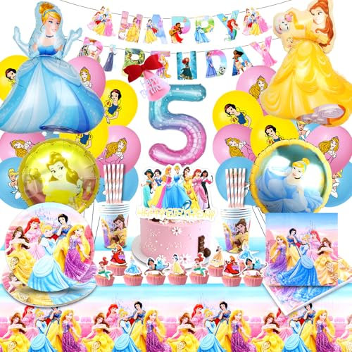 Decoration Anniversaire Princesse 5 Ans,101Pcs Princesse Vaisselle,Ballon Princesse,Deco Gateau Princesse,Vaisselle de Fête Enfant,Kit Anniversaire Fille