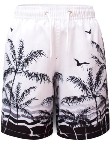 MEILONGER Badehose Jungen Badeshorts Schnelltrocknend Boardshorts mit Netzfutter Taschen und Verstellbarem Tunnelzug(Weiß Schwarz(Baum),10-12)