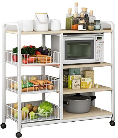 BOKNI Bäckerregal mit 4 Ebenen, Rollen, Küchenregal mit Drahtkorb, Servierwagen, für Zuhause, Esszimmer, Büro, Restaurant, Hotel, feststellbare Rollen (Farbe: Weiß, Größe: 80 * 30 * 103 cm)