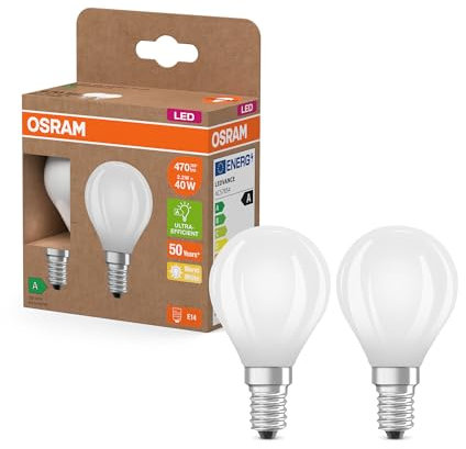 Osram LED Superstar Classic LED-Lampe P 40 in klassischer Miniballform aus gefrostetem Glas, 2.2 W, 470 lm, E14 Fassung, warmweißes Licht mit 2700 K, EEK A, 45 mm Durchmesser, 2er-Pack