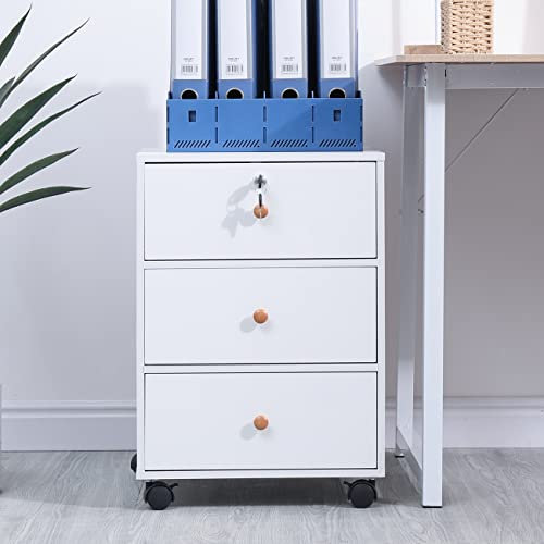 Mobile Lockable File Storage Cabinet with 3 Drawers on Wheels Under Desk Wood Beside Cabinet Pedestal for Unit Document Home Office Printer Stand Filing Side Drawers Nightstand on Caster (white)