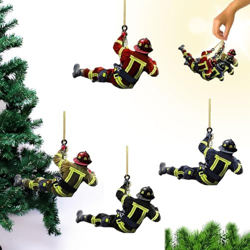 Feuerwehrmann Weihnachten Deko 4 Stück, Weihnachtsbaum Feuerwehrmann Acryl Ornamente, Feuerwehrmann Ornamente Zum Aufhängen, Weihnachtsdekoration Zum Aufhängen für Baum, Wandfenster