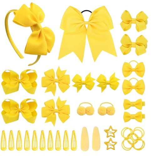 SKHAOVS 40 Stück Gelb Schleife Haarschmuck Set Haargummis Mädchen Kleine Haargummi Elastische Haargummi Stirnband Schleifen Band Kinder Mädchen Mini Haarband Soft (Gelb)