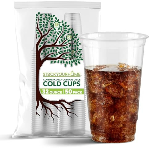Stock Your Home 32 oz Clear Commercially Compostable Cold Cups Plant Based Eco Party Cup, Environmentally Friendly Recyclable Disposable Sustainable for Water, Wine & Beer Sample (50 Pack)