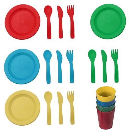 Toyhood 4 Set Kitchen Pretend Play Dish Set, 20pcs Plates and Dishes Toy, Kids Playset Play Food Set, Kitchen Utensils Picnic Toys Role Play Toys, for Kids Girls Boys Toddler