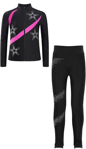 Fldy Mädchen Eiskunstlauf Anzug Glitzer Strass Jacke Und Leggings Mit Colorblock Kinder Eislaufen Tanzanzug Sport Kleidung Set Sweatsuit Hotpink 134-140