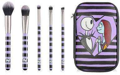 Set de Pinceaux de Maquillage Disney L'Étrange Noël de Monsieur Jack pour Femmes | Pinceaux Beauté Rayés pour Dames avec Trousse de Rangement Violet & Noir | Pinceaux Visage Mixtes Jack & Sally