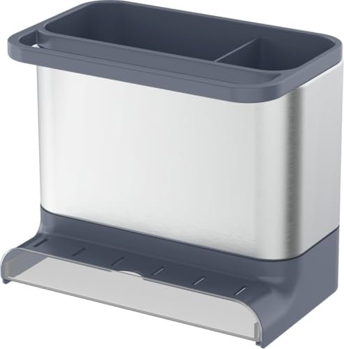 Amig - Organizador de Fregadero Noxi - 15,4 x 11,4 x 18 cm - Acero Inoxidable y Plástico Resistente - Color Gris - Soporte para Esponjas, Cepillos y Detergente con Bandeja Desmontable