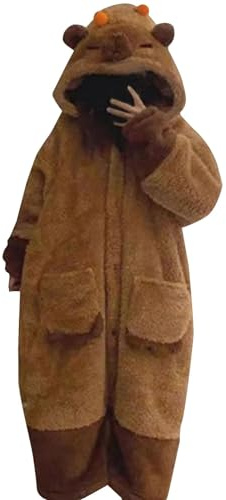 Women's Plus Cute Robe Capybara Button Up Long Sleeve Winter Warm Hooded Wearable Blanket Detachable Jumpsuit Woman Robes
