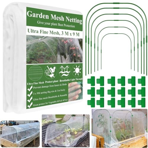 Garden Mesh Netting Kit,3 x9M Ultra Fine Netting Pest Barrier & 6 Set Tall Garden Hoops & 18 clips-Greenhouse Hoop Net for Raised Beds Plants Cover Vegetable Fruits Flower Birds Protection Net